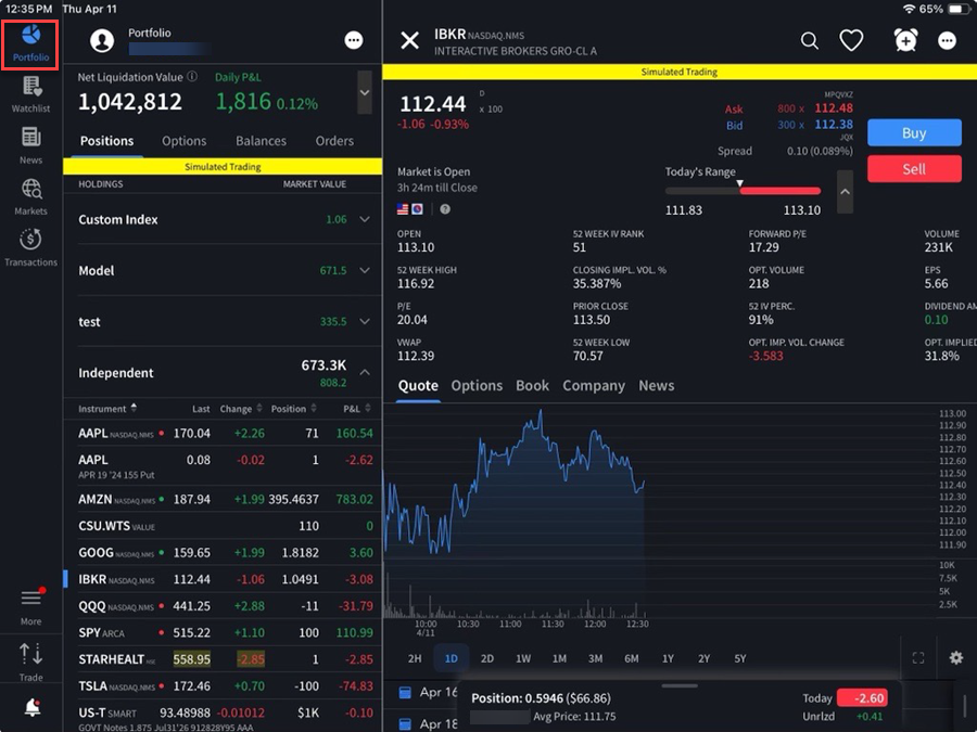 The portfolio details on the iPad